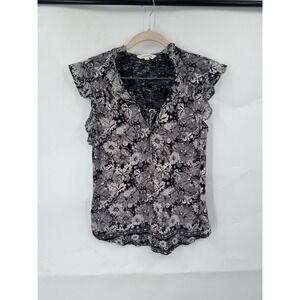 Lucky Brand Dark Floral Flutter Sleeve Blouse L Grey Dark Coquette Dark Fairy